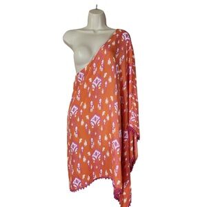 Mud Pie One Shoulder Large XL Pom Pom Beach Cover Up Orange Pink Ikat Printing